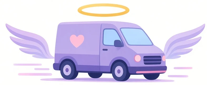 Heavenly Dash logo: a lavender delivery van with angel wings and a golden halo